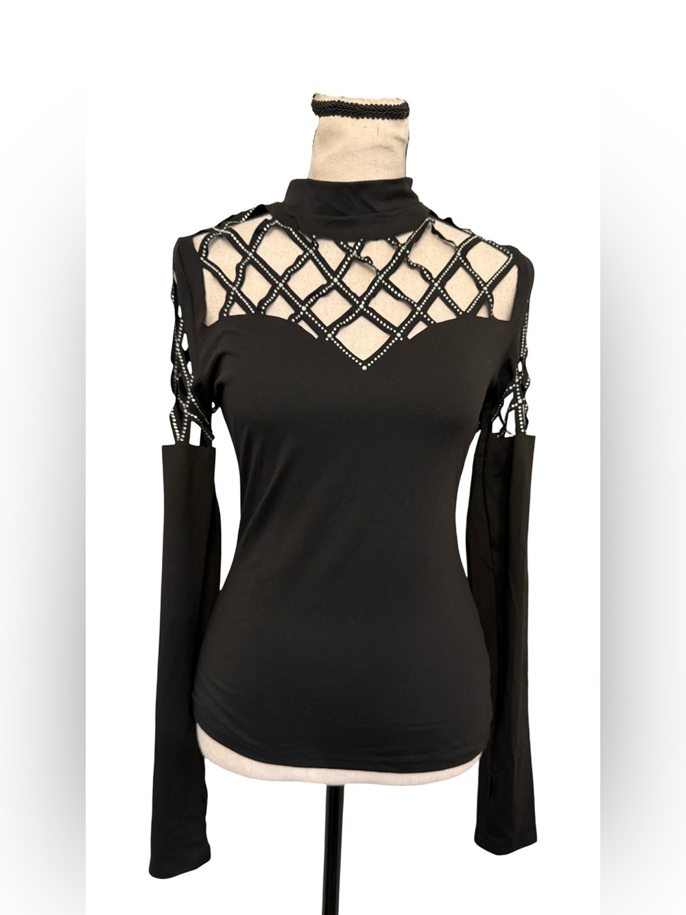 ChicMe Black Rhinestone Embellished Cutout Shoulder Mock Neck Long Sleeve Top S